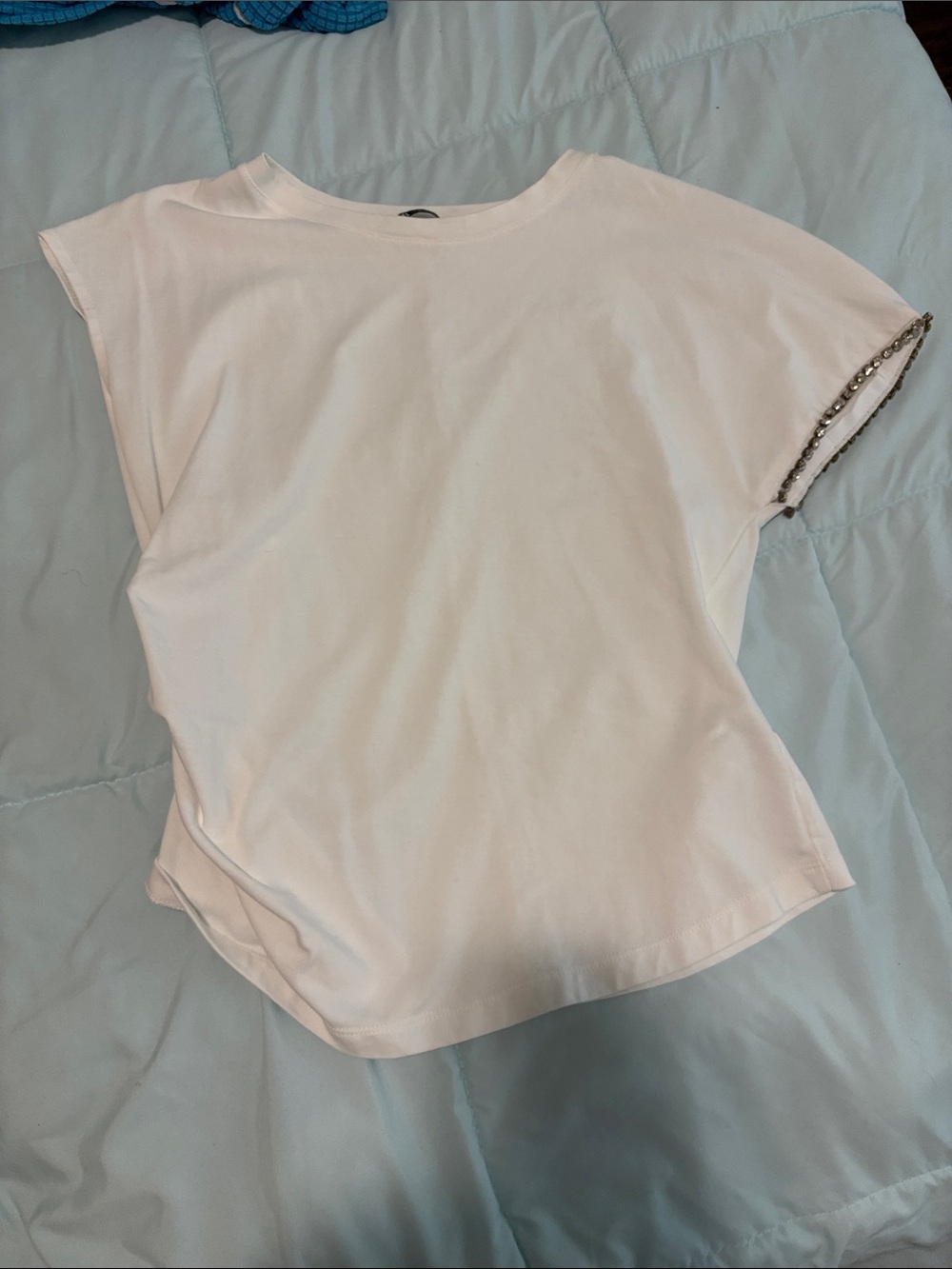 Zara White Women's Short Sleeve Tee with Beaded Sleeve Detail